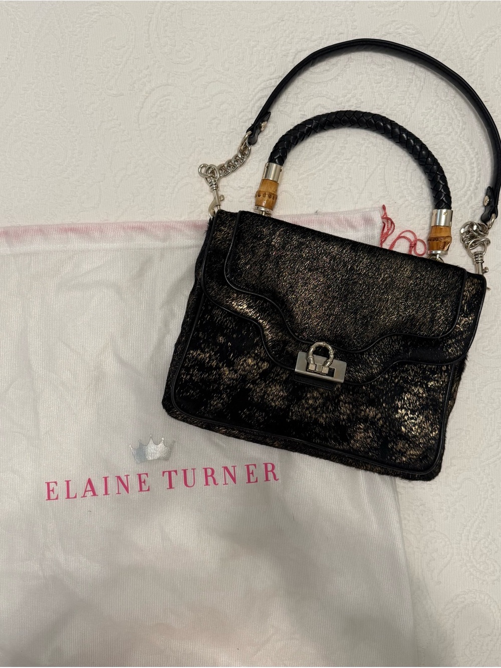 Elaine Turner Black Metallic Satchel with Braided Handle